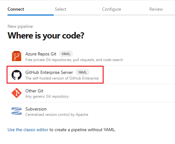Captura de tela da seleção GitHub como o local do seu código.