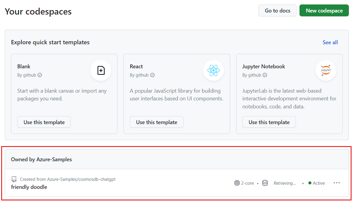 Captura de ecrã de todos os devcontainers em execução, incluindo o seu estado e templates.