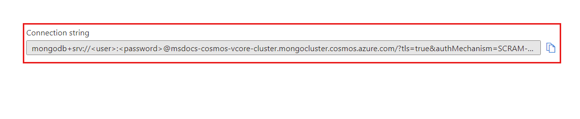 Captura de ecrã da credencial da string de ligação para um cluster.