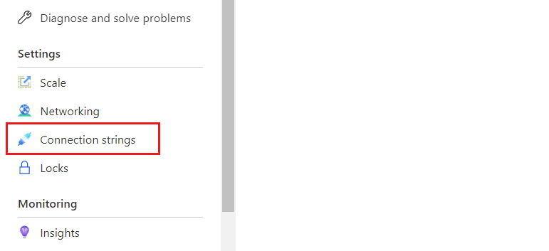 Imagem de ecrã da opção de cadeias de conexão na página de um cluster.