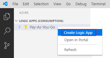 Captura de ecrã que mostra o menu de atalho de subscrição e Criar Aplicação Lógica.