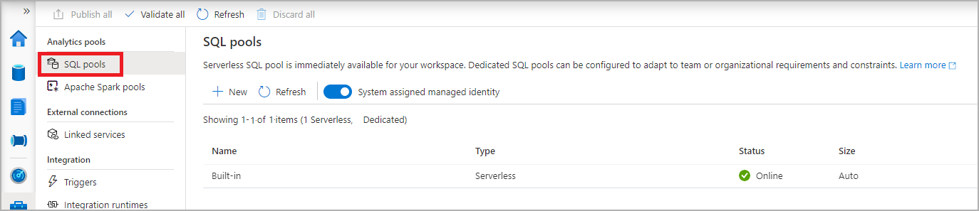Uma captura de tela do hub de gerenciamento do Synapse Studio com a navegação de pools SQL selecionada.