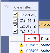 Captura de ecrã dos filtros de análise de código na Lista de Erros.