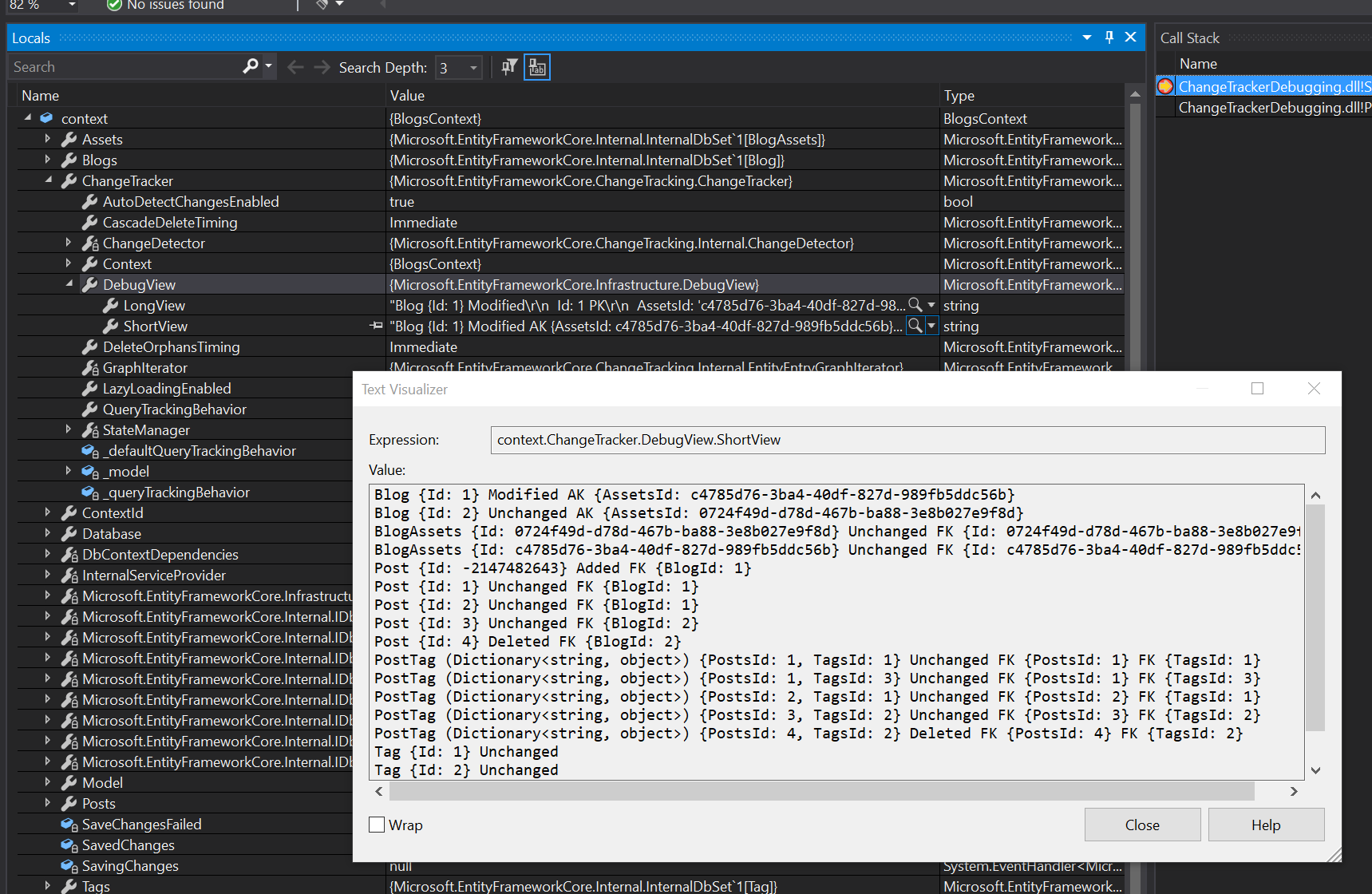 Aceder à vista de depuração do rastreio de alterações a partir do depurador do Visual Studio
