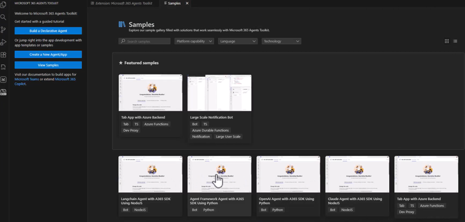 Captura de ecrã da Vista de Boas-Vindas do Toolkit com opções de Construir um Agente Declarativo, Criar um Novo Agente ou Aplicação e Ver Exemplos.