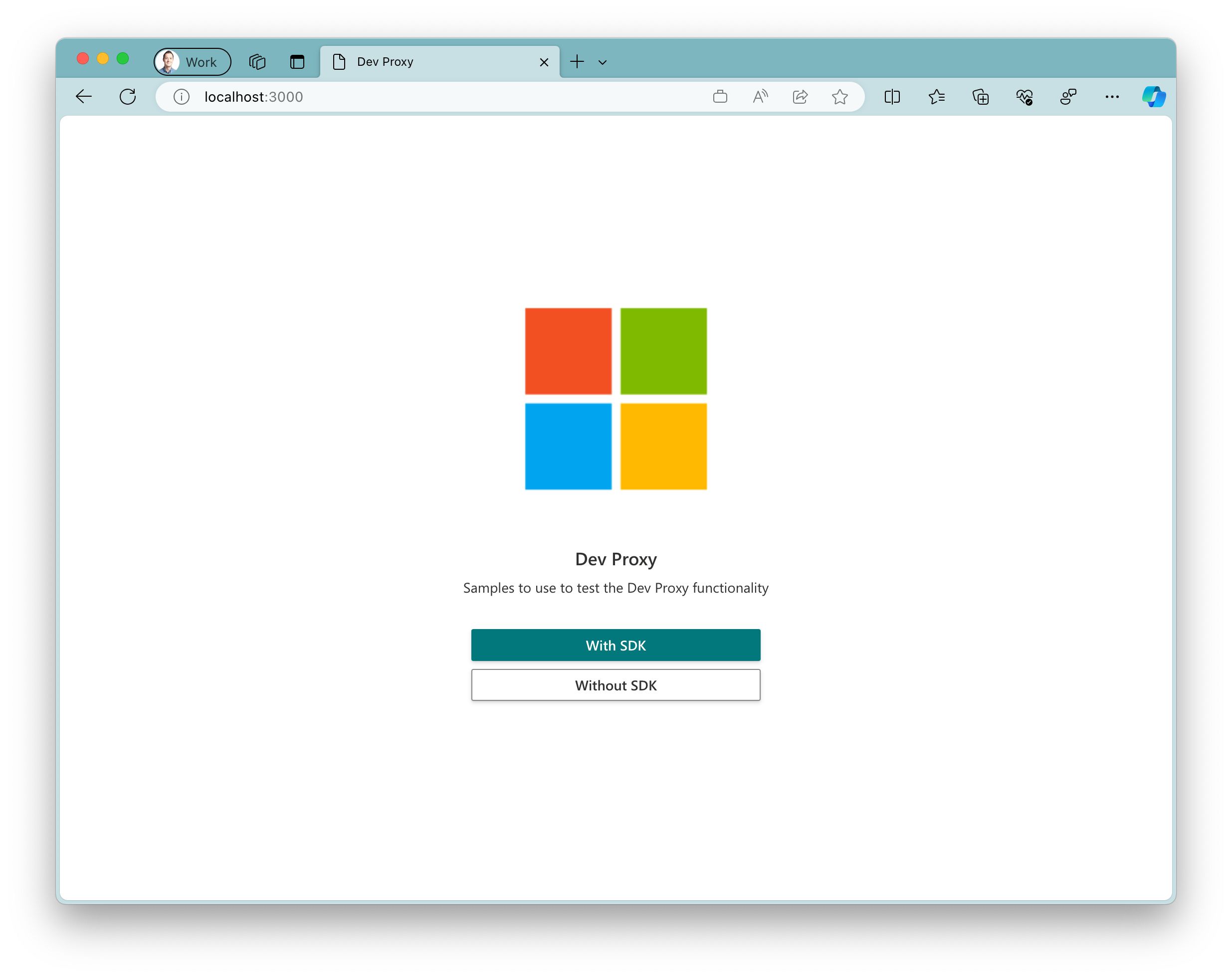 Captura de tela do aplicativo de exemplo em execução no navegador Microsoft Edge no macOS. O aplicativo mostra um grande logotipo da Microsoft com dois botões abaixo dele. Um botão primário com o texto 'Com SDK' e um botão secundário com o texto 'Sem SDK'.