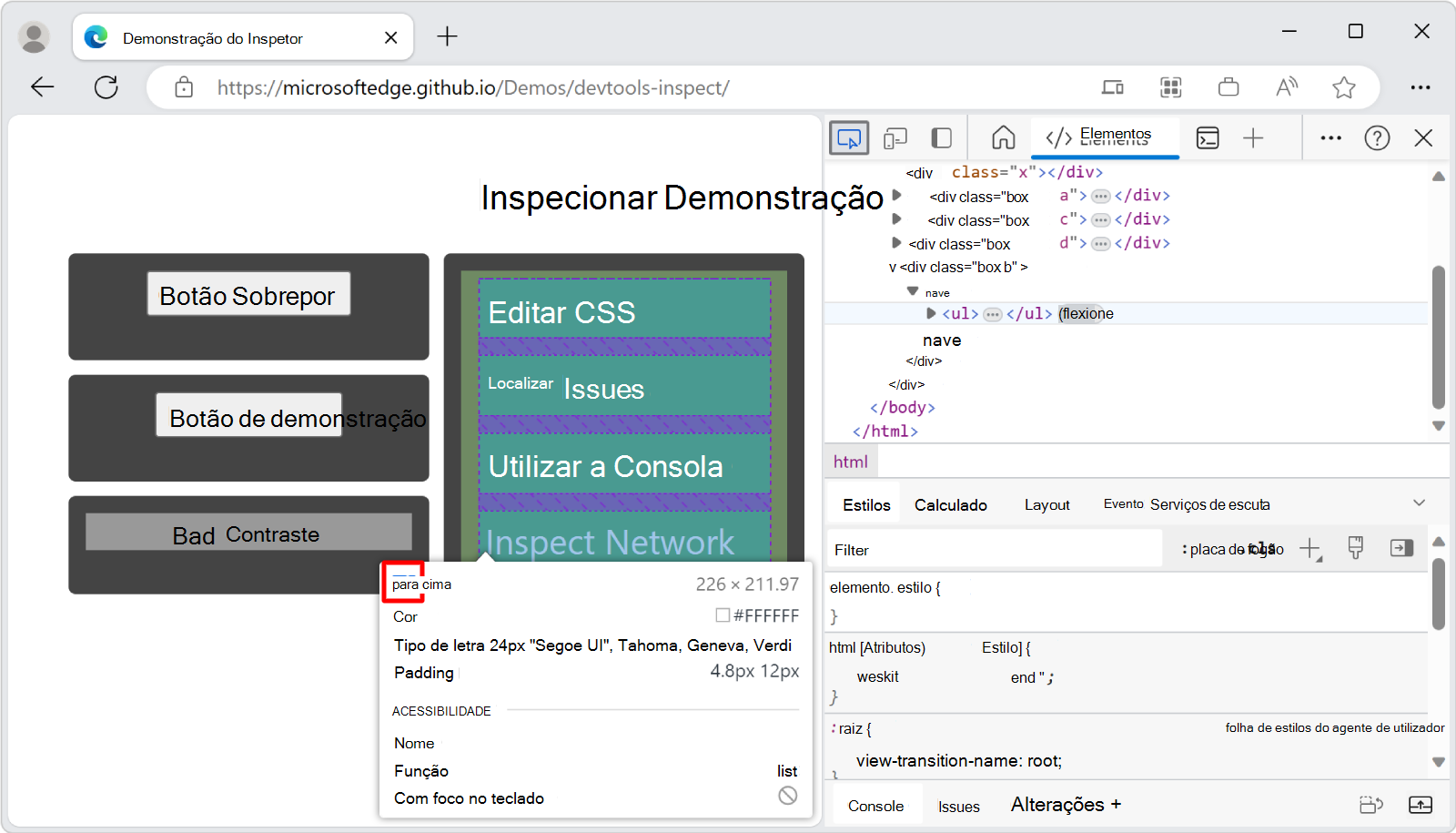 Um elemento que utiliza a caixa de flexão CSS tem um ícone extra junto ao respetivo nome na sobreposição Inspecionar