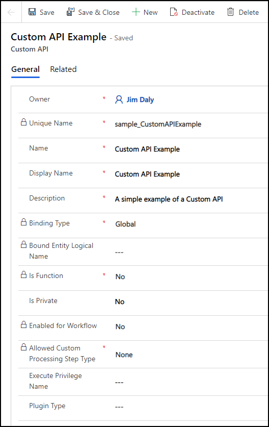 Formulário de API personalizado salvo.