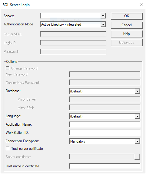 Captura de ecrã da Caixa de Diálogo de Login do SQL Server.