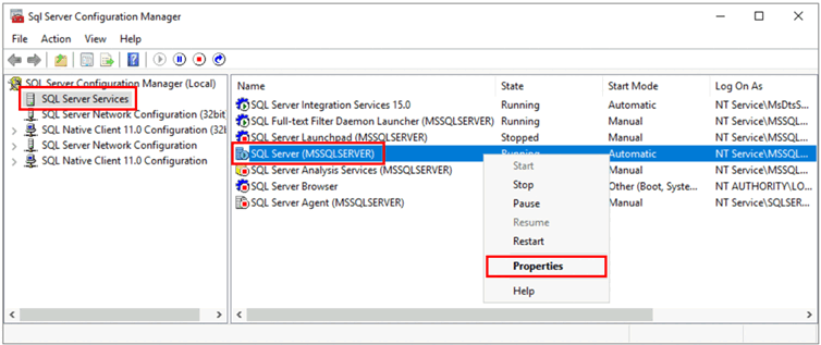 Captura de ecrã que mostra Gestor de Configuração do SQL Server, com seleções para abrir propriedades para o serviço.