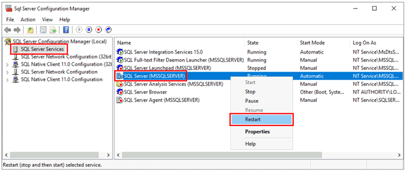 Captura de ecrã que mostra a chamada do comando de reinício do SQL Server.