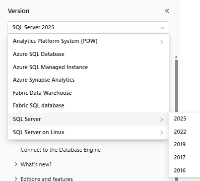 Captura de tela mostrando o filtro de versão do SQL Docs.
