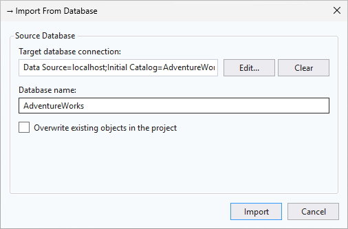 Captura de ecrã do diálogo Importar Base de Dados no SSMS.