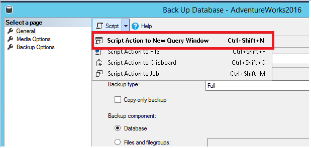 Captura de tela do backup do banco de dados Script - ação de script.