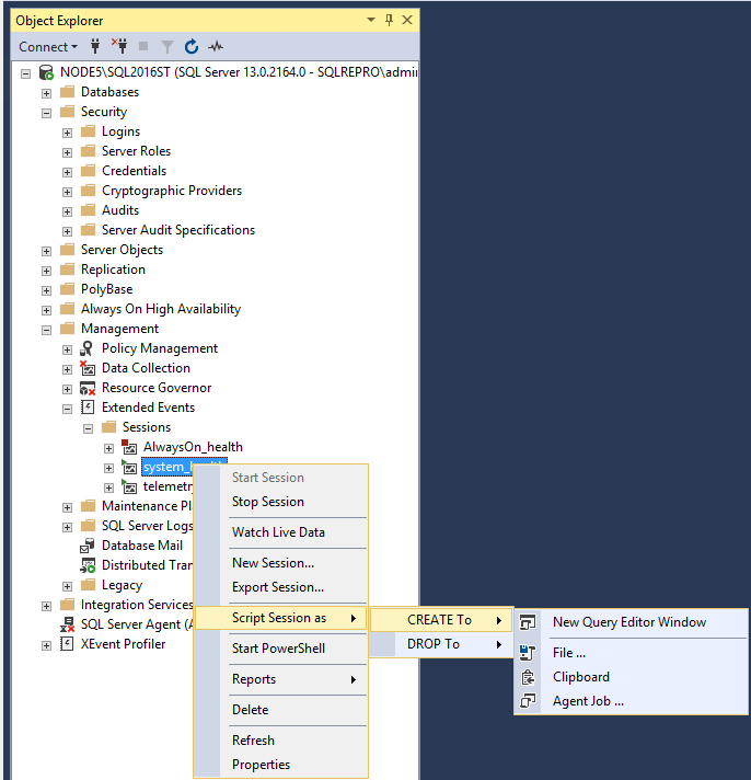 Captura de ecrã da sessão Extended New Query Editor Window.