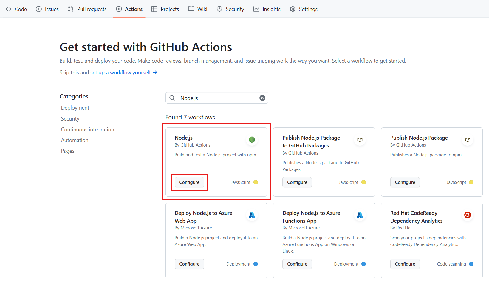 Captura de tela que mostra a guia Ações do GitHub com o painel Node.js realçado e o botão Configurar selecionado.