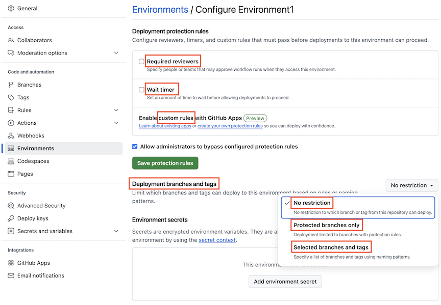 Captura de tela que mostra a página Configurações para configurar o Environment1 com opções para revisores, temporizador de espera, regras personalizadas e restrições de ramificação.
