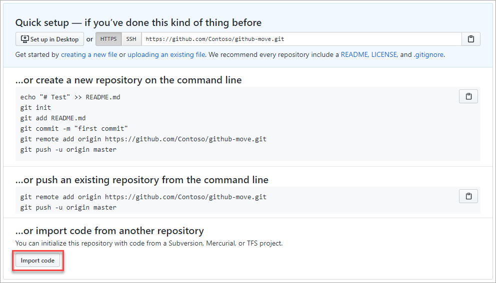 Captura de tela da importação de código para um repositório GitHub.