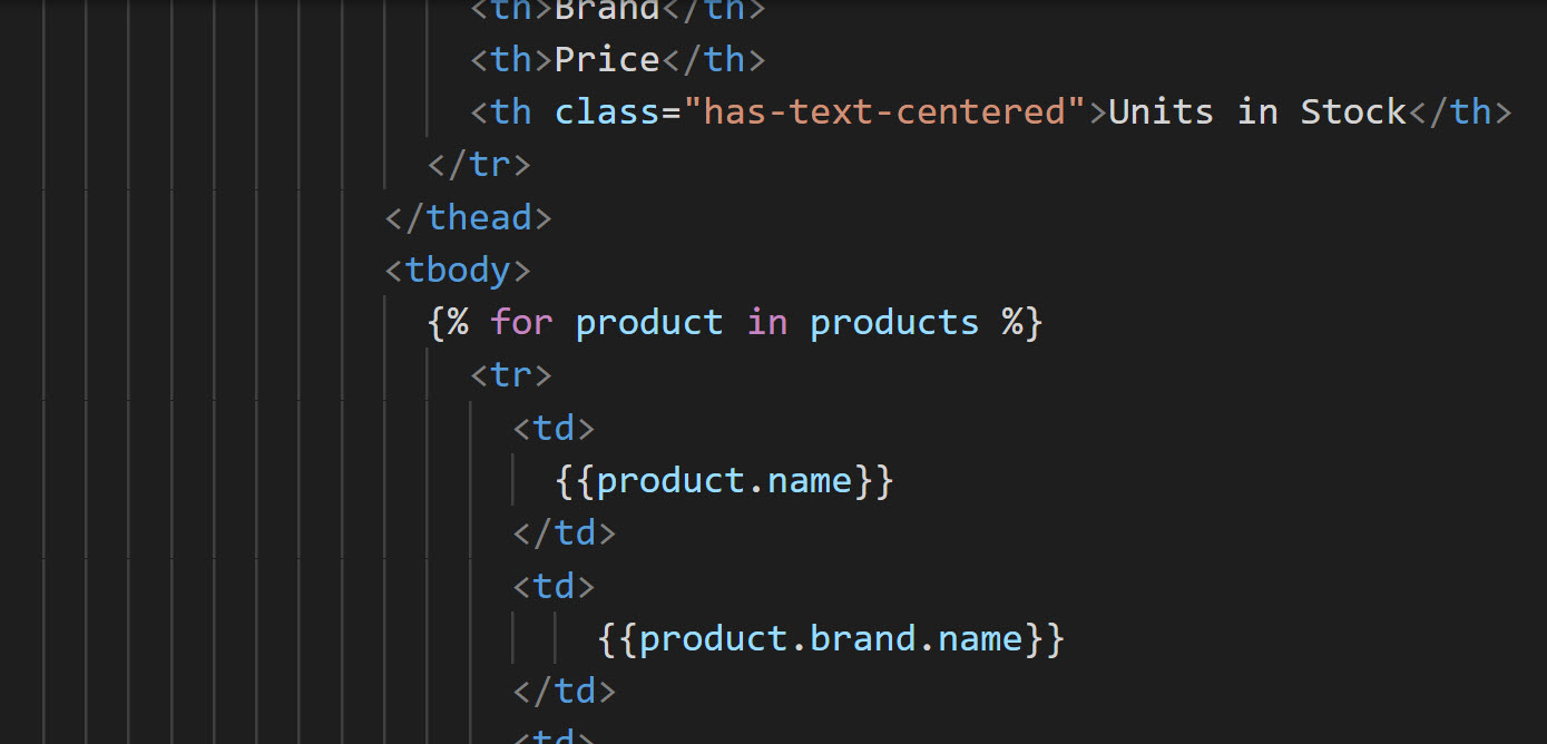 Captura de ecrã de um modelo Jinja, enfatizando um loop for com realce de sintaxe.