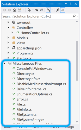 Screenshot do explorador de soluções com ficheiros diversos.