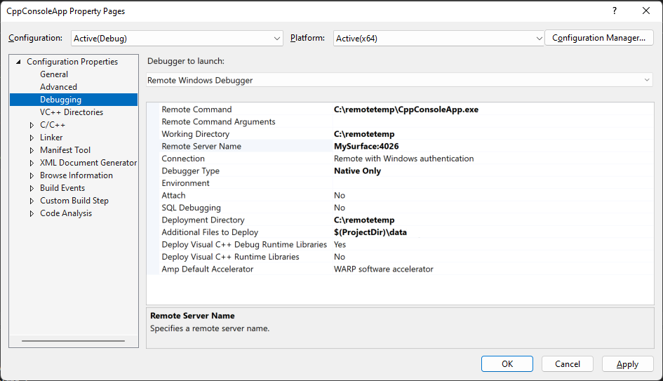 Captura de ecrã do separador Depuração nas Propriedades do Explorador de Soluções do Visual Studio. A propriedade Debugger para iniciar está definida como Depurador Remoto do Windows.