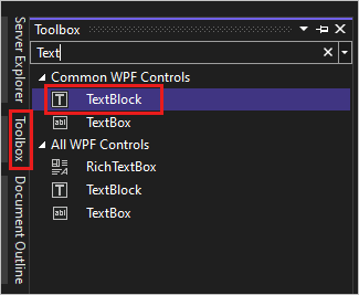 Captura de ecrã mostrando a janela Toolbox em Visual Studio 2022 com o controlo TextBlock destacado na lista de Controlos Comuns de WPF.