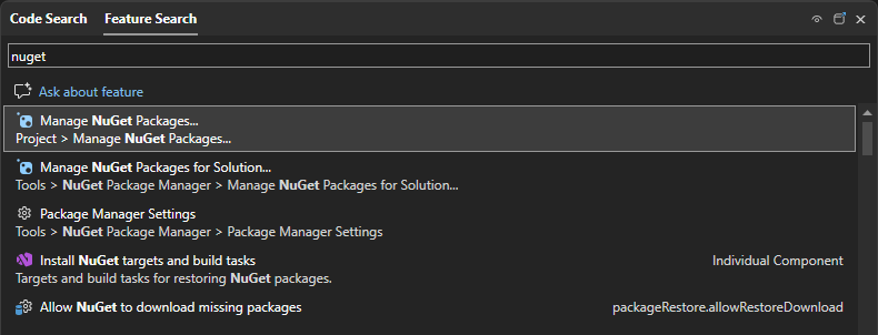Captura de ecrã que mostra a caixa de pesquisa de Lançamento Rápido em Visual Studio.