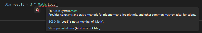 Captura de ecrã de um sublinhado ondulado em Visual Studio.
