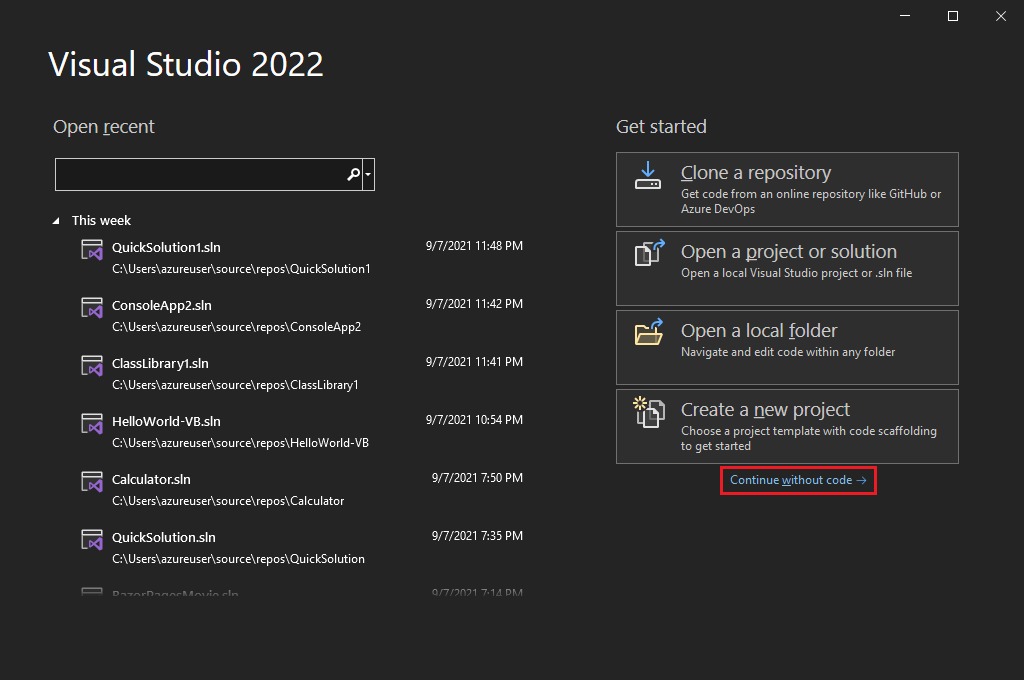 Captura de ecrã do ecrã Visual Studio Start, com o link Continuar sem código destacado.