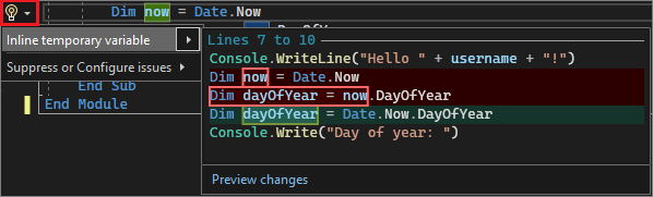 Captura de ecrã mostrando a sugestão de variável temporária Inline em Visual Studio 2022.