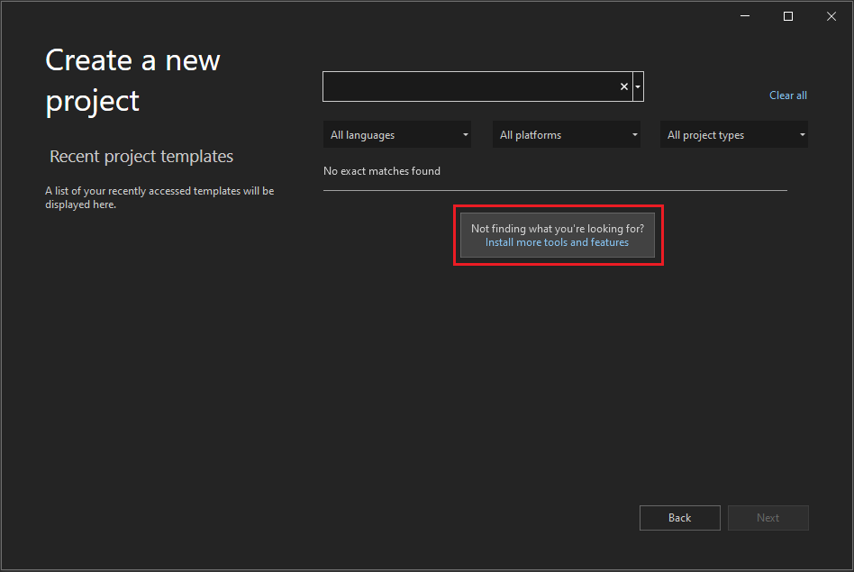 Captura de ecrã a mostrar a janela Criar um novo projeto em Visual Studio de 2022 com o link 'Instalar mais ferramentas e funcionalidades' destacado.