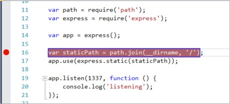 Captura de ecrã da janela do Visual Studio Code a mostrar código JavaScript. Um ponto vermelho na caleira esquerda indica que um ponto de separação foi definido.
