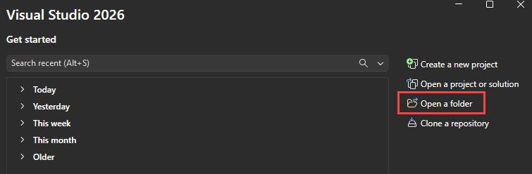 Captura de ecrã que mostra como selecionar a opção Abrir uma pasta local quando Visual Studio inicia.