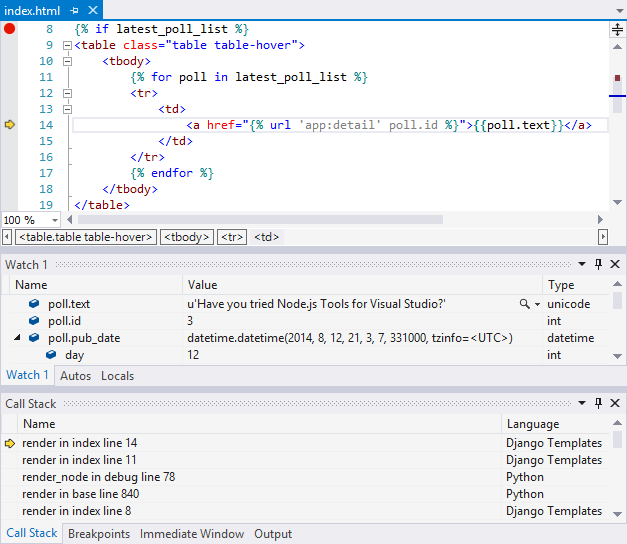 Captura de tela mostrando os pontos de interrupção do depurador usados no desenvolvimento em Django no Visual Studio.