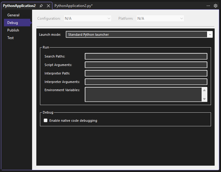 Captura de tela que mostra as propriedades de depuração do projeto Python no depurador do Visual Studio.
