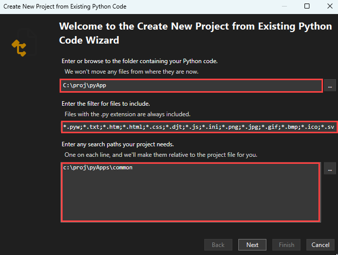 Captura de ecrã da criação de um novo Project a partir de Código Existente, incluindo a escolha do caminho da pasta, filtros de tipos de ficheiro e caminhos de pesquisa em Visual Studio.