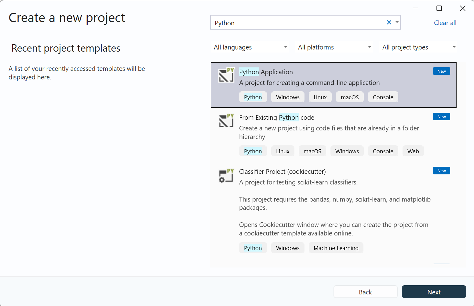 Captura de ecrã que mostra a caixa de diálogo Criar um novo projeto no Visual Studio. Os modelos de projetos em Python são visíveis.