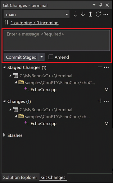 Captura de ecrã da janela de diálogo Alterações do Git no Visual Studio 2022.