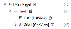Captura de ecrã da árvore visual com vista de lista colapsada.