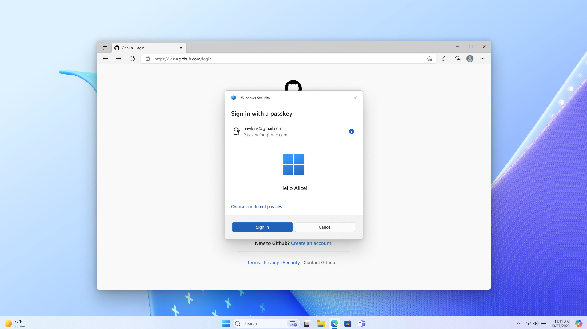 Sucesso de logon com o Windows Hello